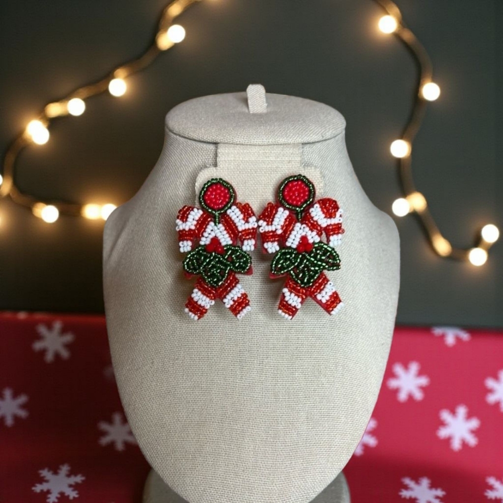 Festive Beaded Candy Cane Earrings - Picture 1 of 3